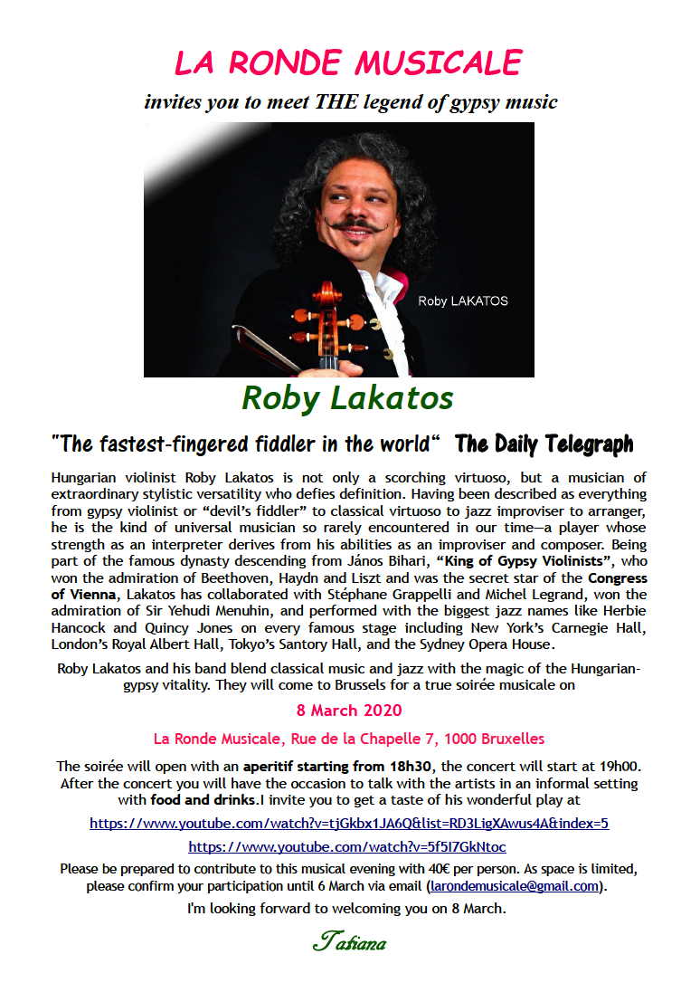 Affiche. La Ronde Musicale invites you to meet Roby Lakatos the legend of gypsy music. 2020-03-08